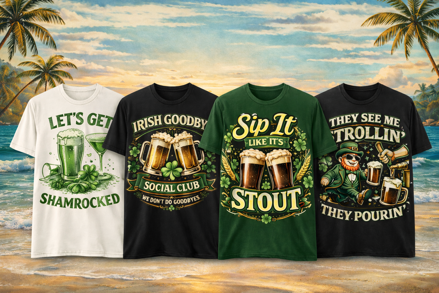 Four St Patrick's Day drinking shirts displayed on beach - Let's Get Shamrocked, Irish Goodbye Social Club, Sip It Like It's Stout, and They See Me Trollin' They Pourin' tees with shamrock and beer designs