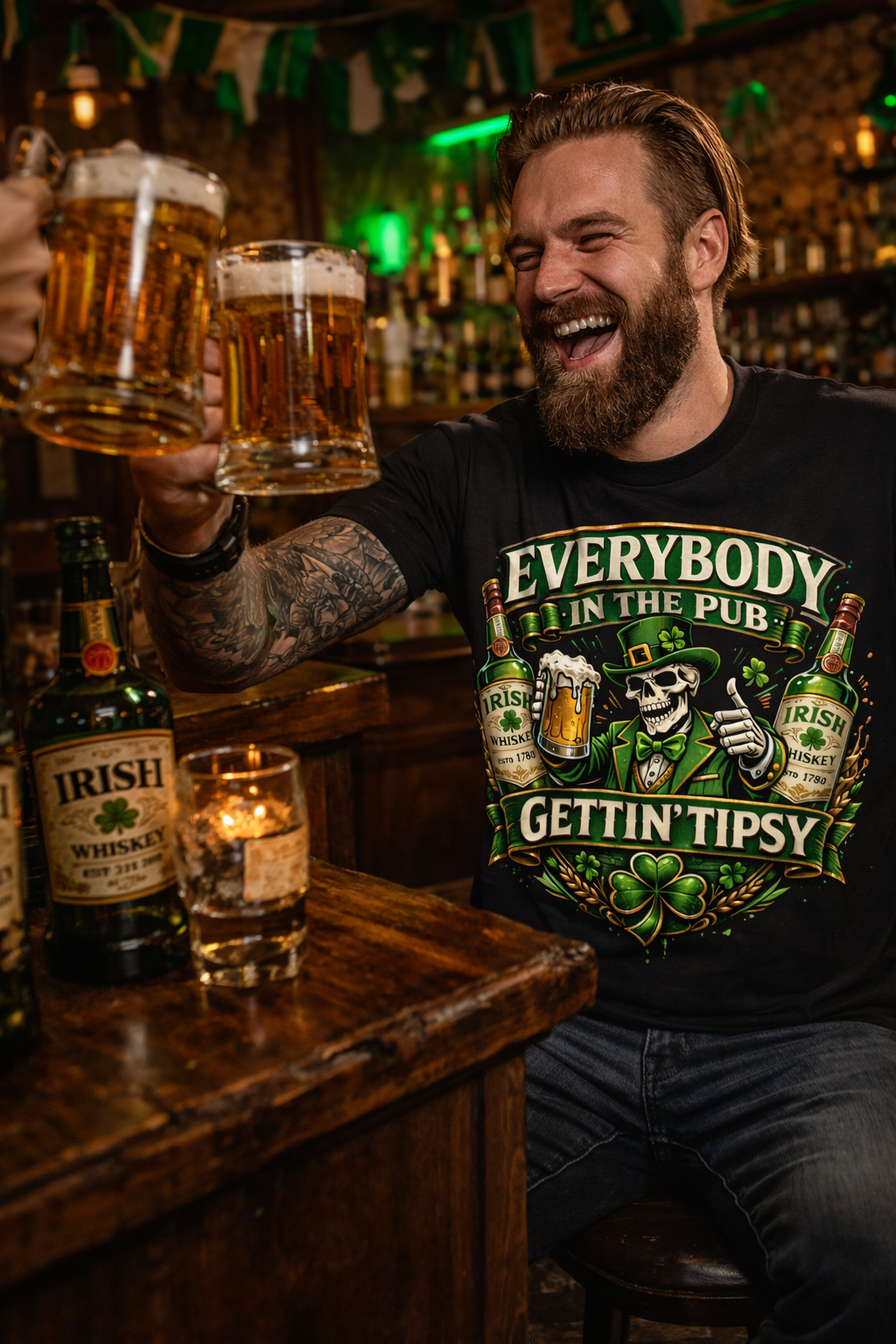 Man in a pub holding a beer mug, wearing a black t-shirt with a humorous graphic design.