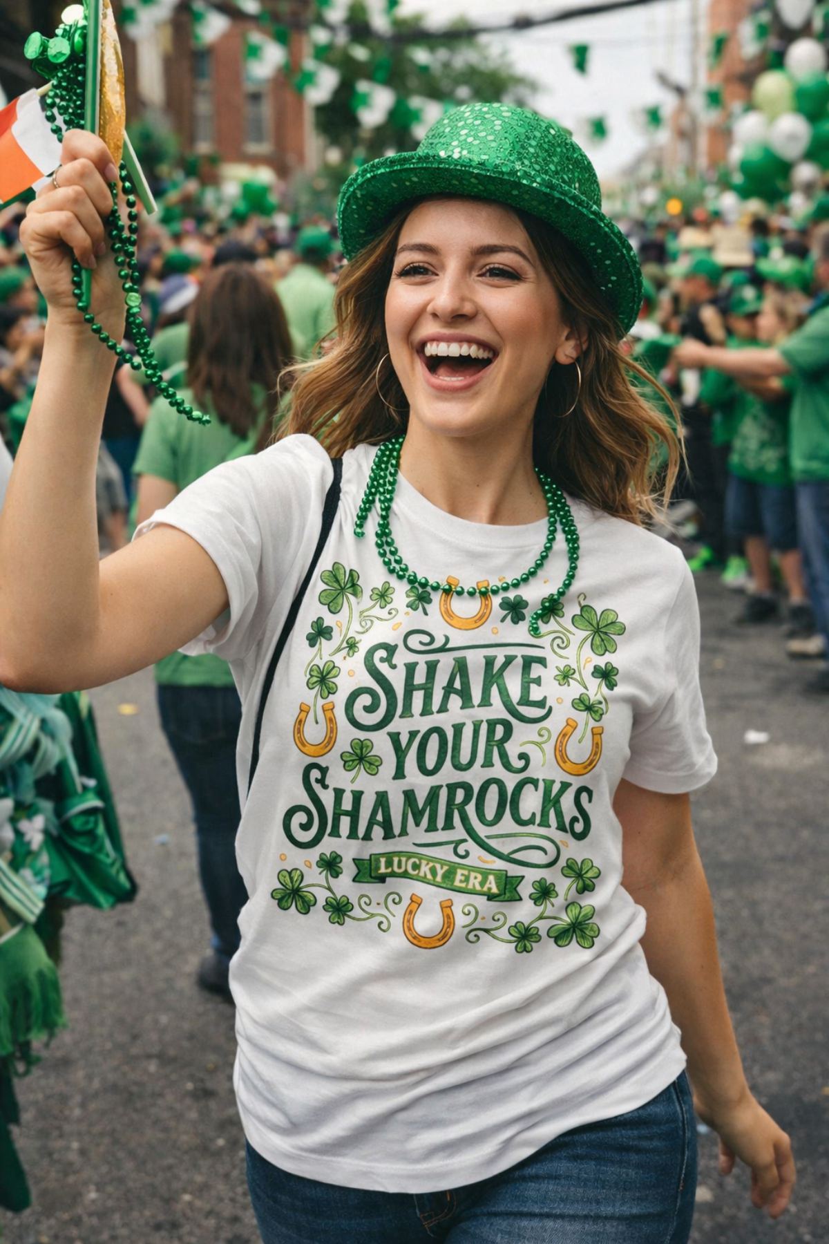 Person wearing a St. Patrick's Day shirt and hat, celebrating with green decorations.